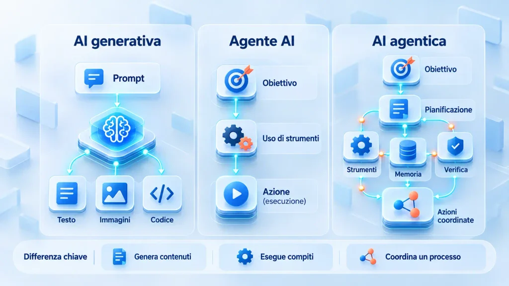 Differenze tra AI generativa, Agente AI e AI agentica
