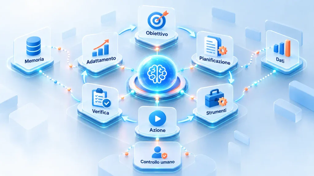 Ciclo del comportamento agentico: obiettivo, pianificazione, strumenti, azione, verifica e adattamento